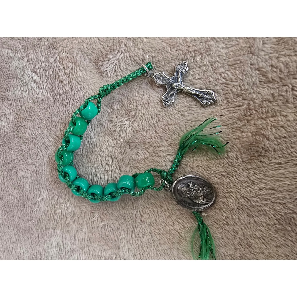 Green Corded Rosary Bracelet St Therese Medal Crucifix Italy Catholic Prayer
